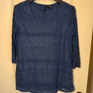New Directions Blue Lacy Overlay Tunic Top, Medium, Fully Lined, Sheer Sleeves